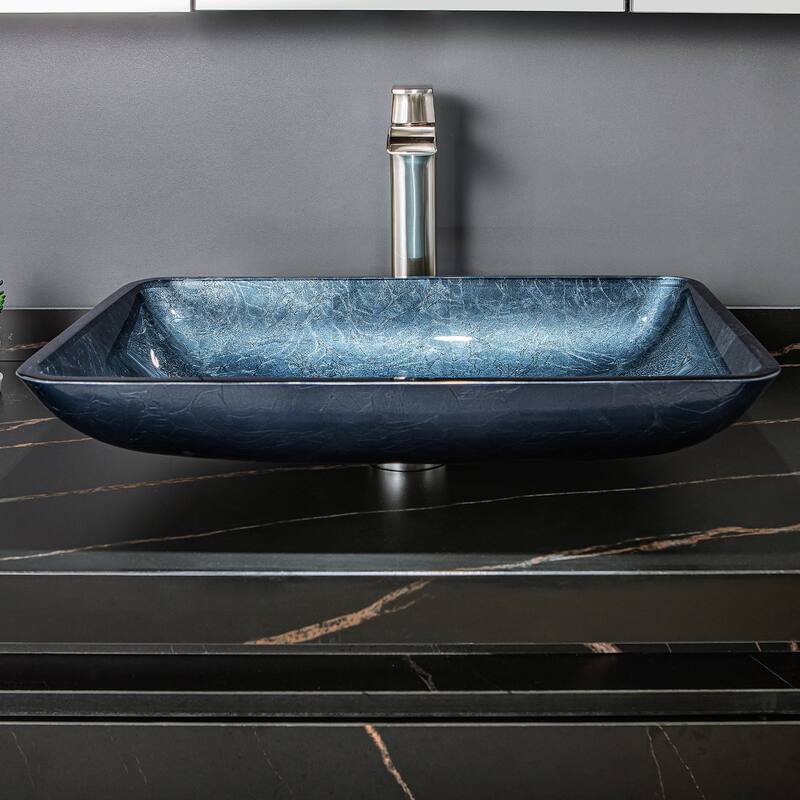 Vinnova Glass Rectangular Vessel Bathroom Sink without Faucet