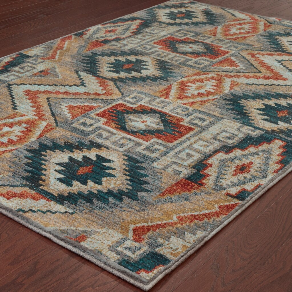 HomeRoots 10 X 13 Blue Teal Grey Orange Gold Ivory And Rust Geometric Power Loom Stain Resistant Area Rug 10 x 13 Oxford Blue