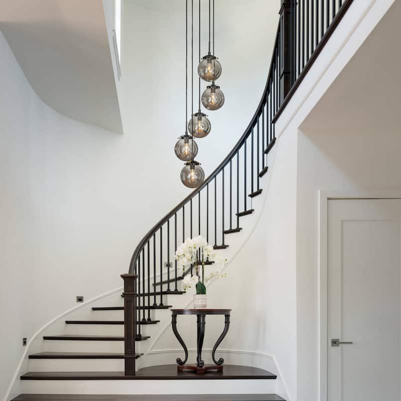 Modern Staircase Globe Bubble Glass Linear Chandelier 5-Lights Corner Pendant Light - H 59"