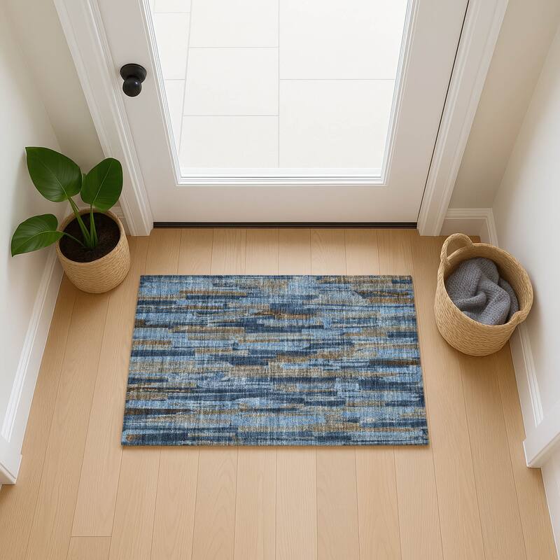 Machine Washable Indoor/ Outdoor Modern Stripes Chantille Rug