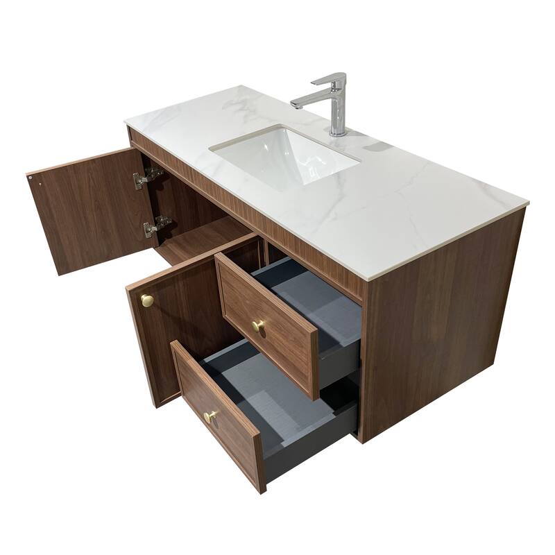 48" Mid-Century Modern Floating Bathroom Vanities, Sintered Stone Table top with Solid Wood Cabinets