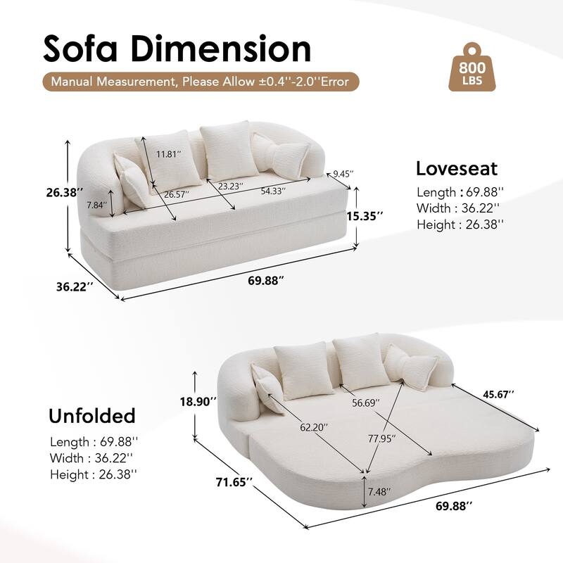 2-in-1 Foldable Sofa Bed, 70" Convertible Boneless Couch Sleeper with 4 Pillows, Chenille Foam Futon for Living Room