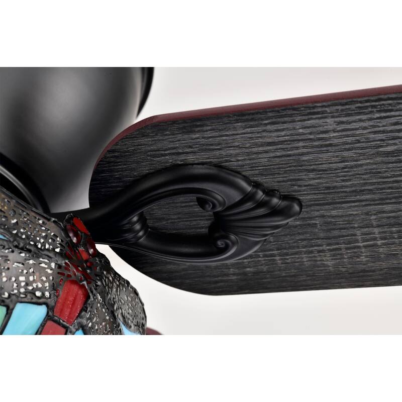 Pluvey 52-Inch Flushmount Lighted Ceiling Fan Blue Red Draginfly Tiffany Glass Lamp Black Finish