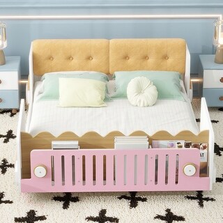Full-Size Car Platform Bed with Cushion Headboard and Footboard Shelves, White