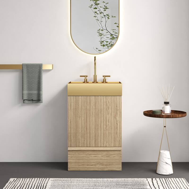 20" Striped Bathroom Vanity with Integrated Brushed Gold Metal Vessel Bathroom Sink, Freestanding Bathroom Cabinet - Light Oak
