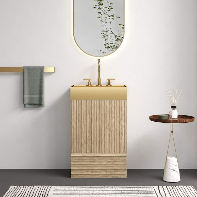 20" Striped Bathroom Vanity with Integrated Brushed Gold Stainless Steel Bathroom Sink, One-Piece Metal Basin without Faucet