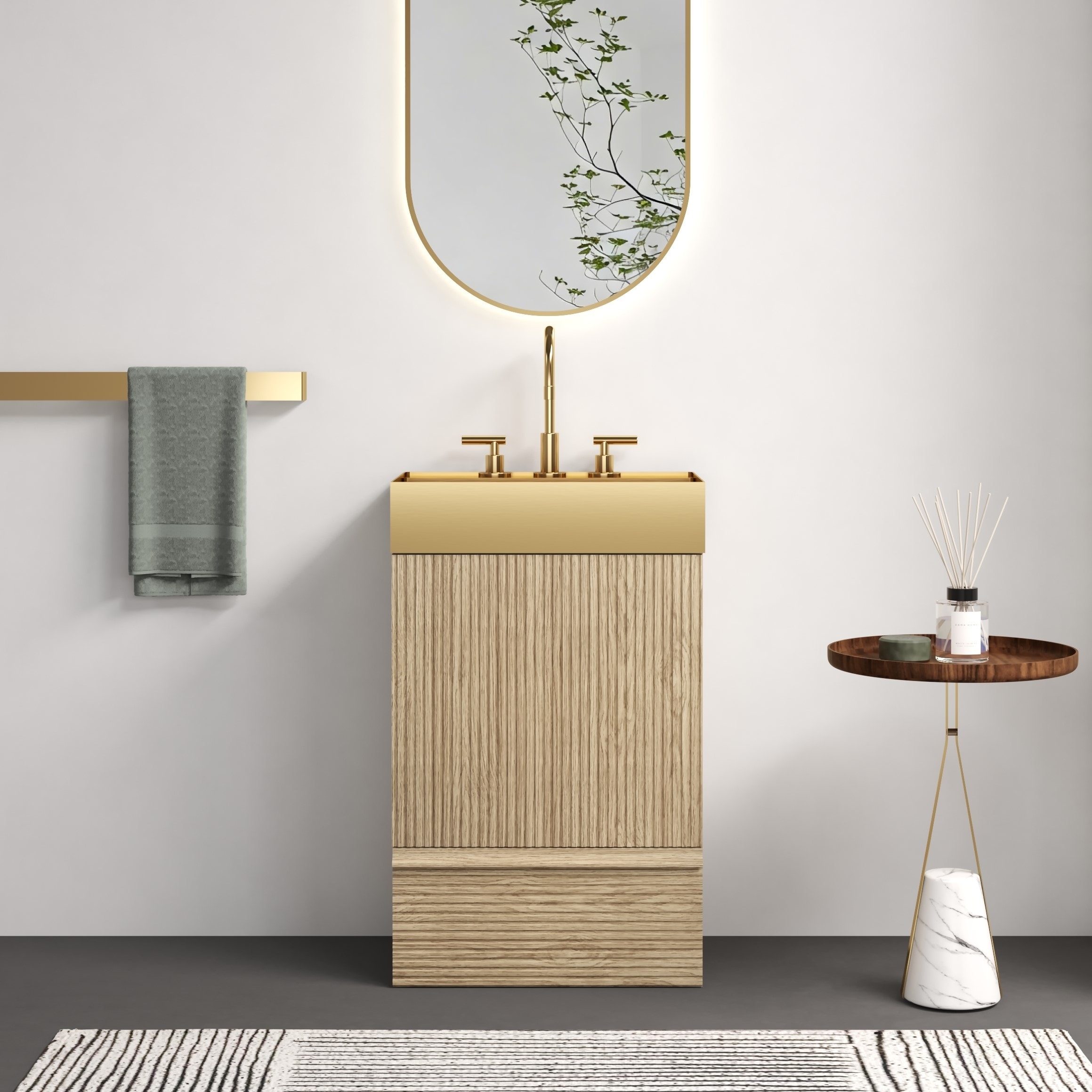 20"Striped Bathroom Vanity with Integrated Brushed Gold Metal Vessel Bathroom Sink, One-Piece Gold Metal Basin without Faucet