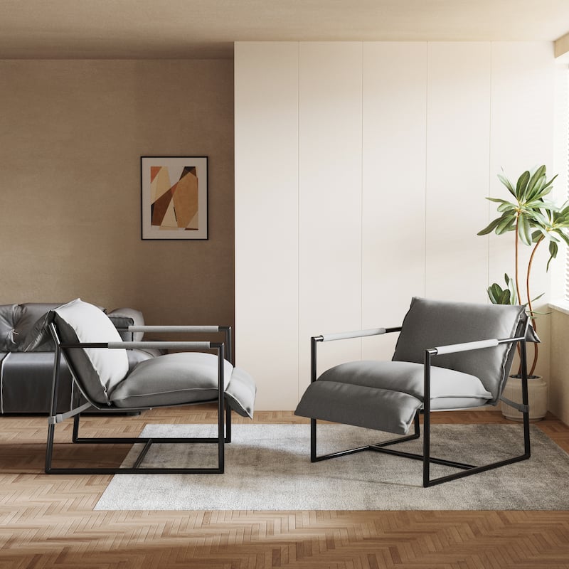 Mid-century Metal Sling Armchair with Lengthen Upholstered Set of 2 - Light Grey