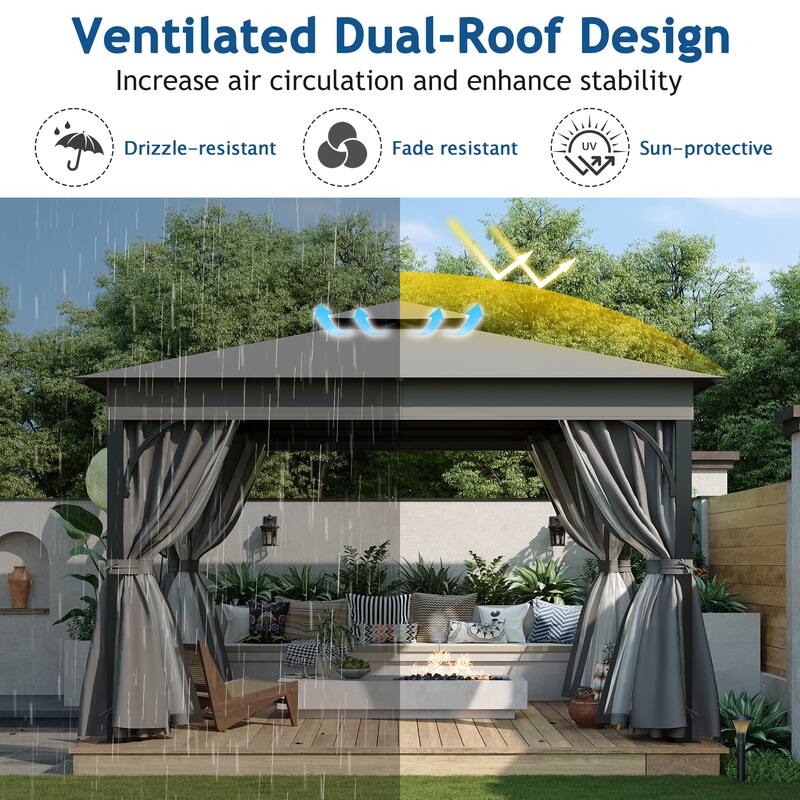 Outdoor Gazebo Tent with Double Roofs, Mosquito Netting & Privacy Screens