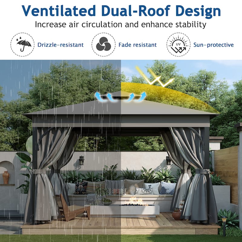 Roomfitters 10x12 FT Outdoor Gazebo with Double Roofs, Canopy, Mosquito Netting & Privacy Screens for Shade or Rai