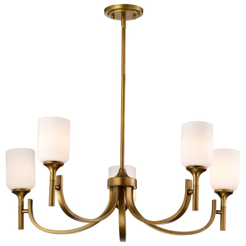 Solara 5 Light Chandelier Natural Brass Finish Frosted Ribbed Glass - Natural Brass