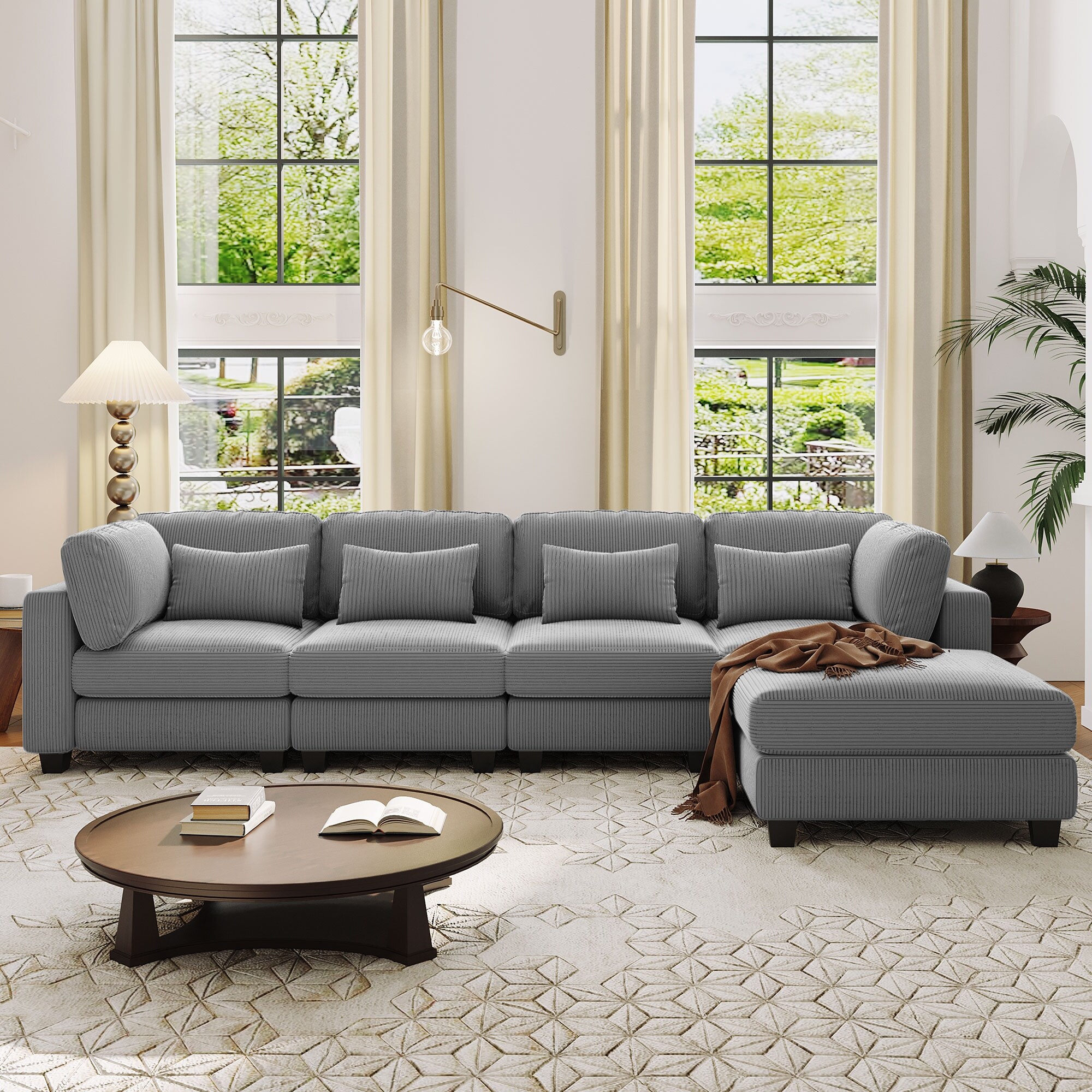 L shape Sectional Sofa 4 seat Grey Chaise Lounge Couch with Pillows