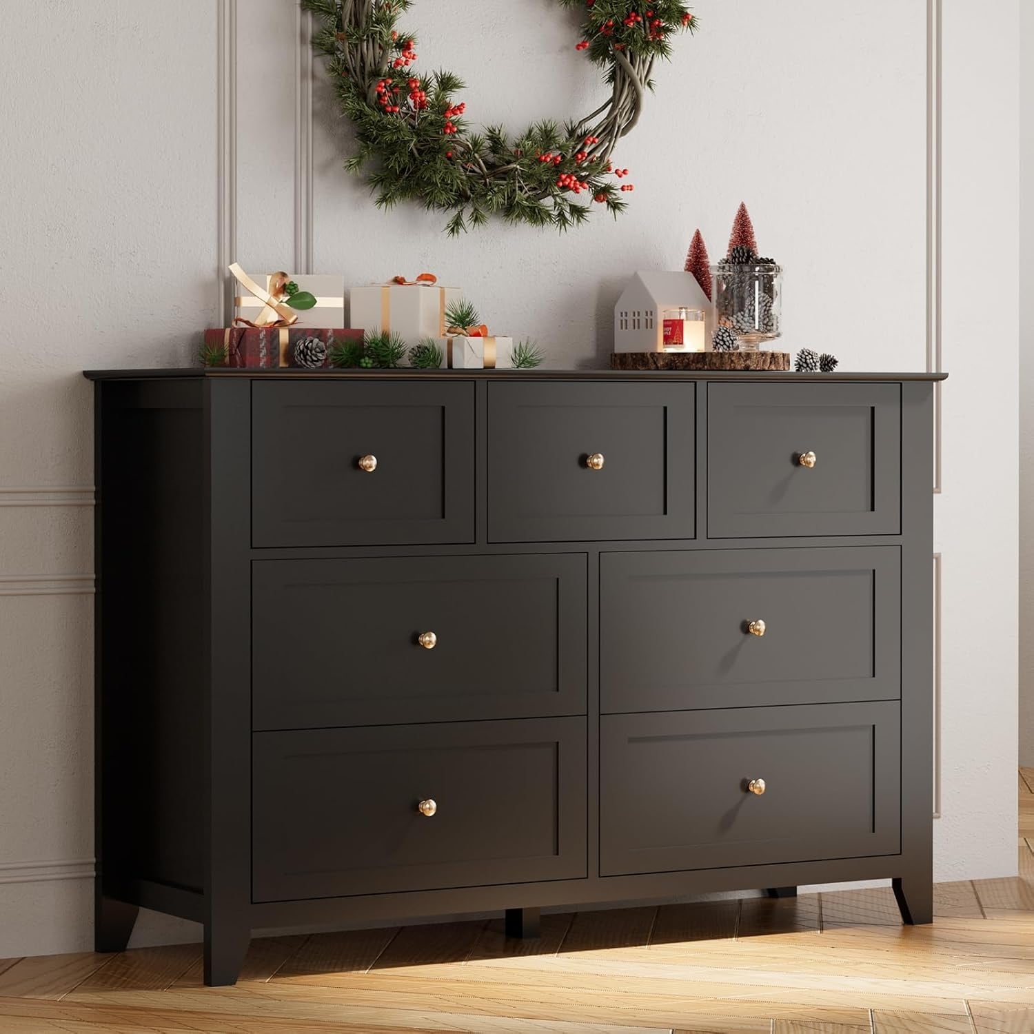 7 Drawer Dresser, Modern Wood Chest with Gold Handles, Large Storage for Bedroom or Hallway, Black