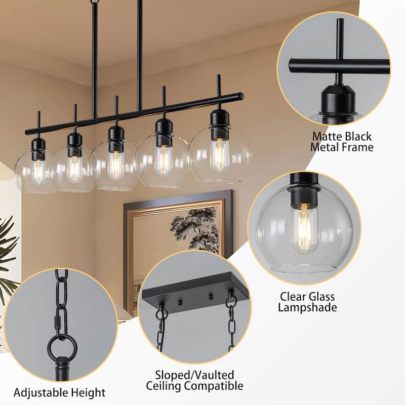 Starsky 5-Light Modern Kitchen Island Linear Pendant Light with Clear Globe Glass Shades