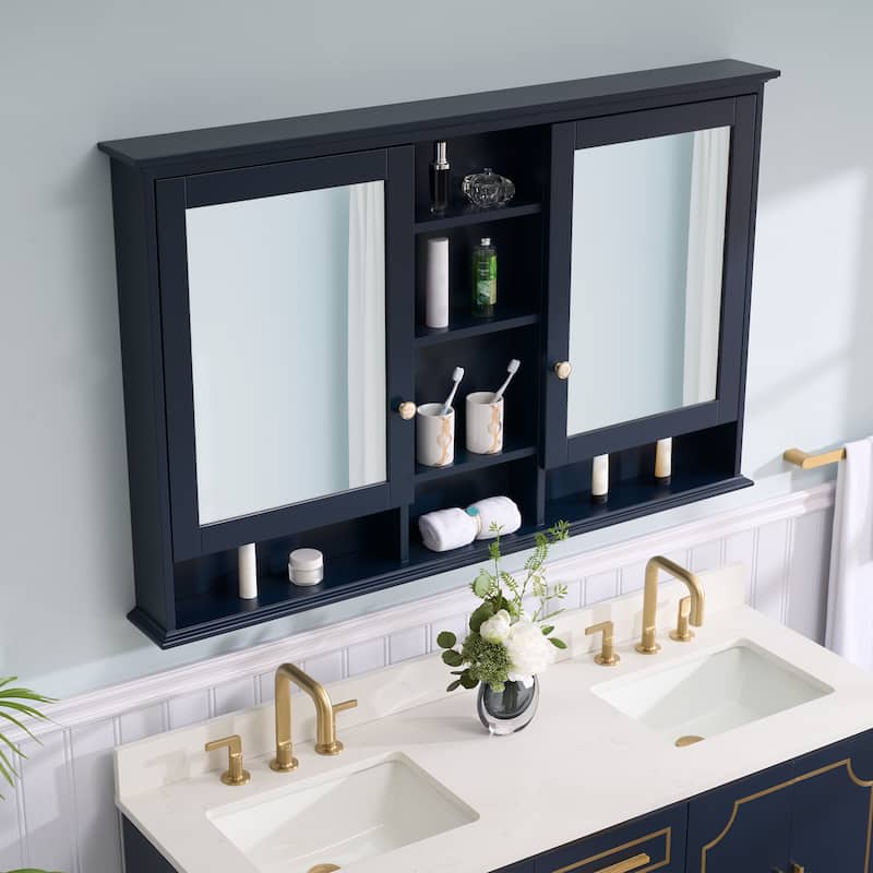 Modern Surface Mount Solid Wood Framed Medicine Cabinet With Mirror and Shelves