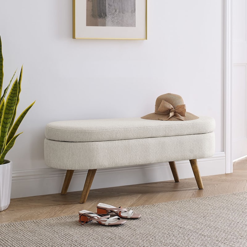 Storage Bench Modern Linen Fabric Ottoman Footstool with Solid Wood Legs Oval Storage Entry Bench Seat for Living Room Bedroom