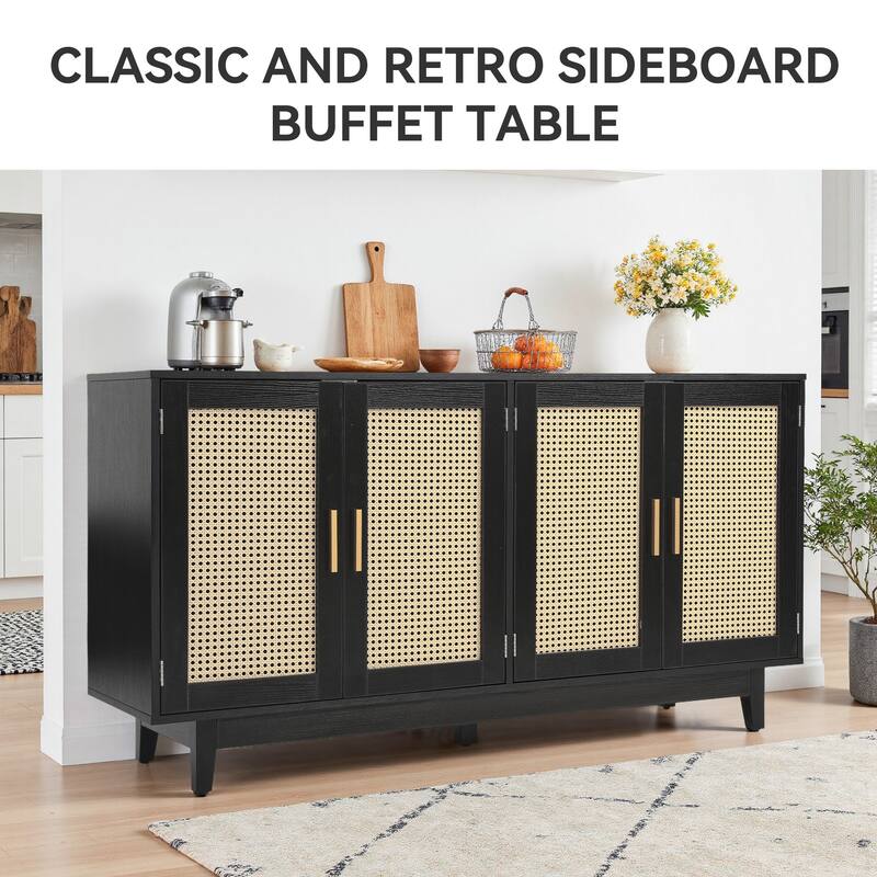 Modern 4 Door Wood Rattan Buffet Sideboard Storage Cabinet