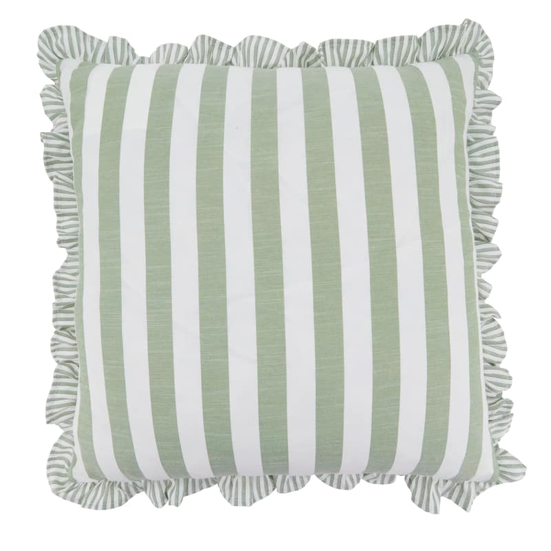 Striped Ruffle Edge Cotton-Blend Throw Pillow - Classic Cabana Stripe Design for Sofa, Bed & Accent Styling - 18"x18" - Feather Down - Green