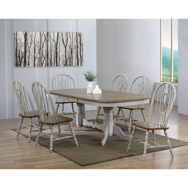 Extendable Dining Table Set - 7 Piece Oval Table with Pedestals - Seats 10 - Gray & Brown Wood Finish