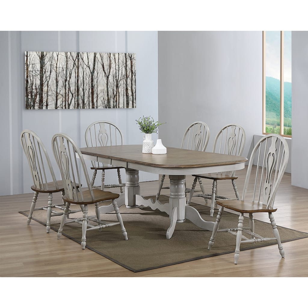 Extendable Dining Table Set - 7 Piece Oval Table with Pedestals - Seats 10 - Gray & Brown Wood Finish