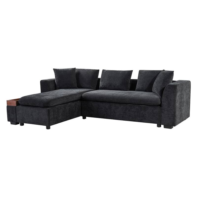 L-Shaped Sectional Sofa with Chaise Lounge, Chenille Upholstered Sleeper Couch with Wooden Storage Compartment & Throw Pillows