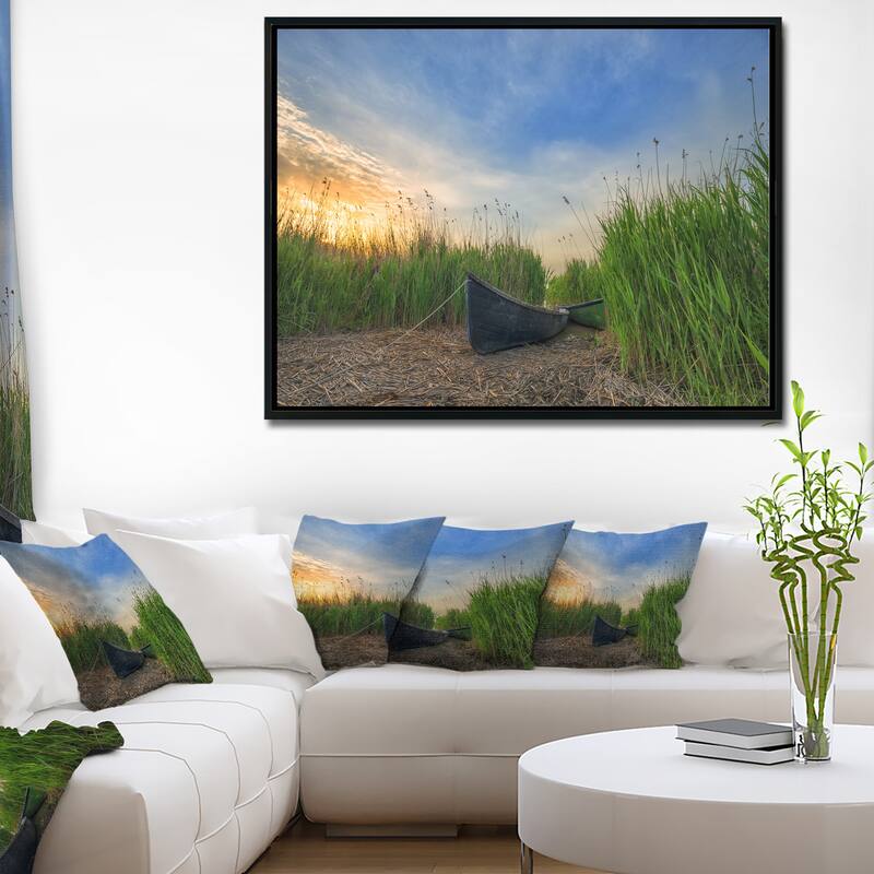 Designart "Old Fisher Boat Near Lake" Landscape Photography Framed Canvas Print