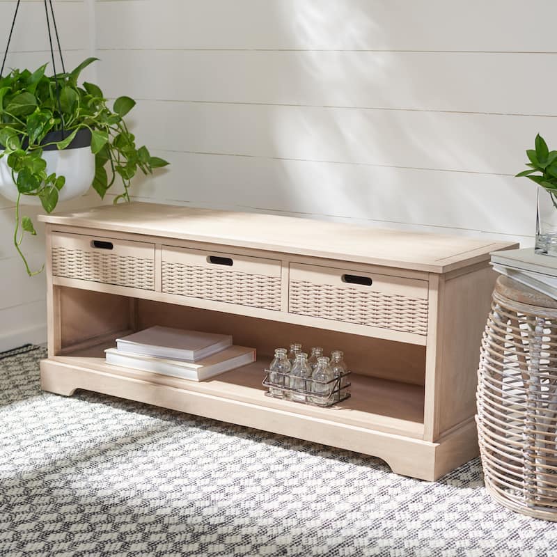 SAFAVIEH Landers 3-Drawer Bottom Shelf Storage Bench - 47.3" W x 15" L x 19" H - Sand