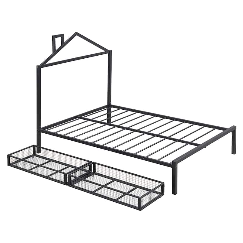 Twin Size Metal Platform Bed with House Design and 2 Storage Drawers