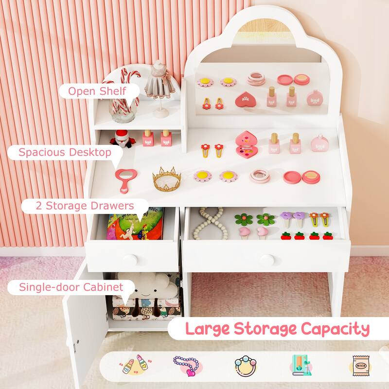 Children's Vanity Table and Stool Set with Mirror and Drawers Cabinet for Bedroom or Playroom - 31.5" x 16" x 38.5" (L x W x H)