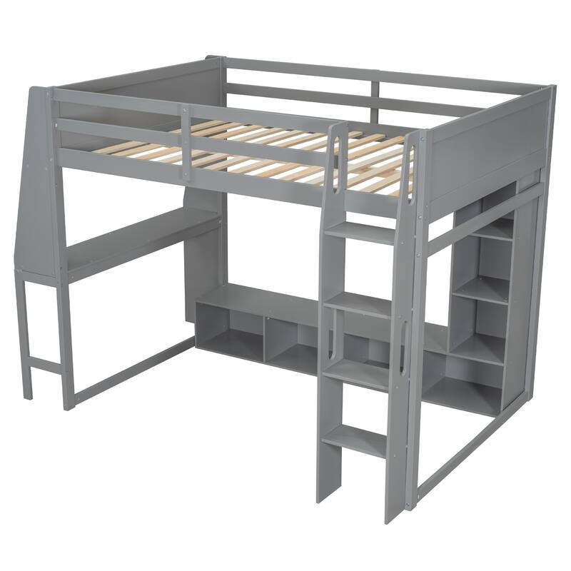 Full Size Gaming Loft Bed with Desk, Shelves, LED Lighting, and Hanging Rack, Gray