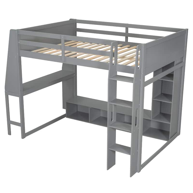 Multi-Functional Gaming Loft Bed with Built-in Desk & Storage Cabinets, Wood Bed Frame with LED and a Hanging Clothes Rack