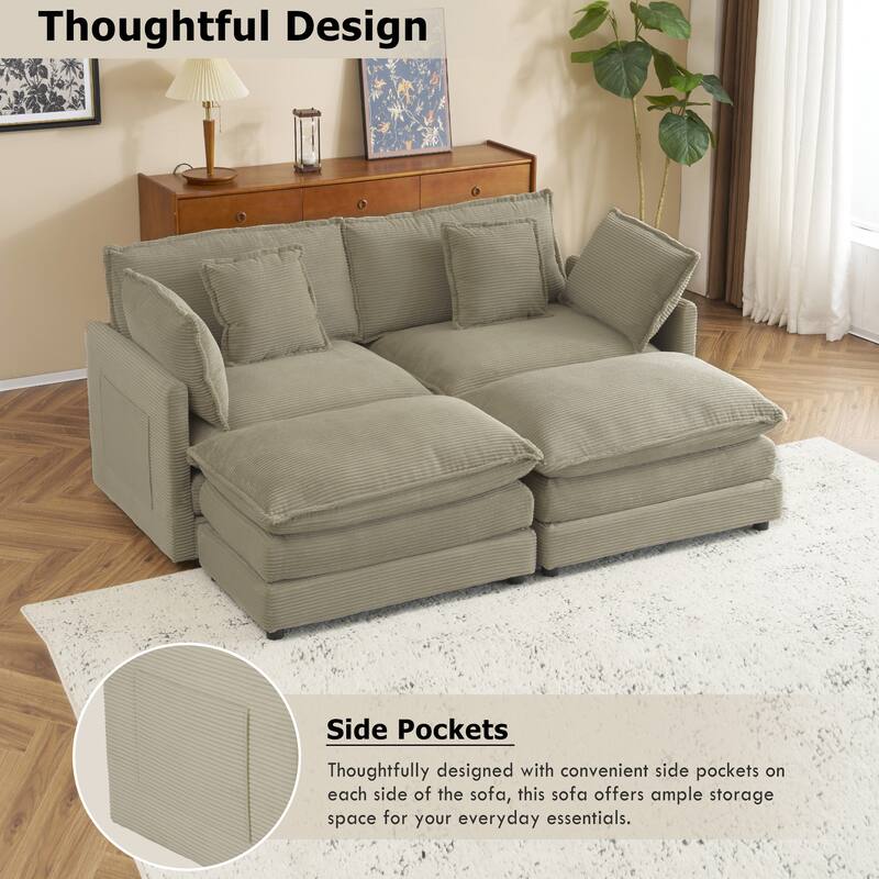 Corduroy Loveseat Set with Movable Ottoman 4 Seater Corner Sofa, Upholstered Deep-seat Couch wCushions and 4 Pillows