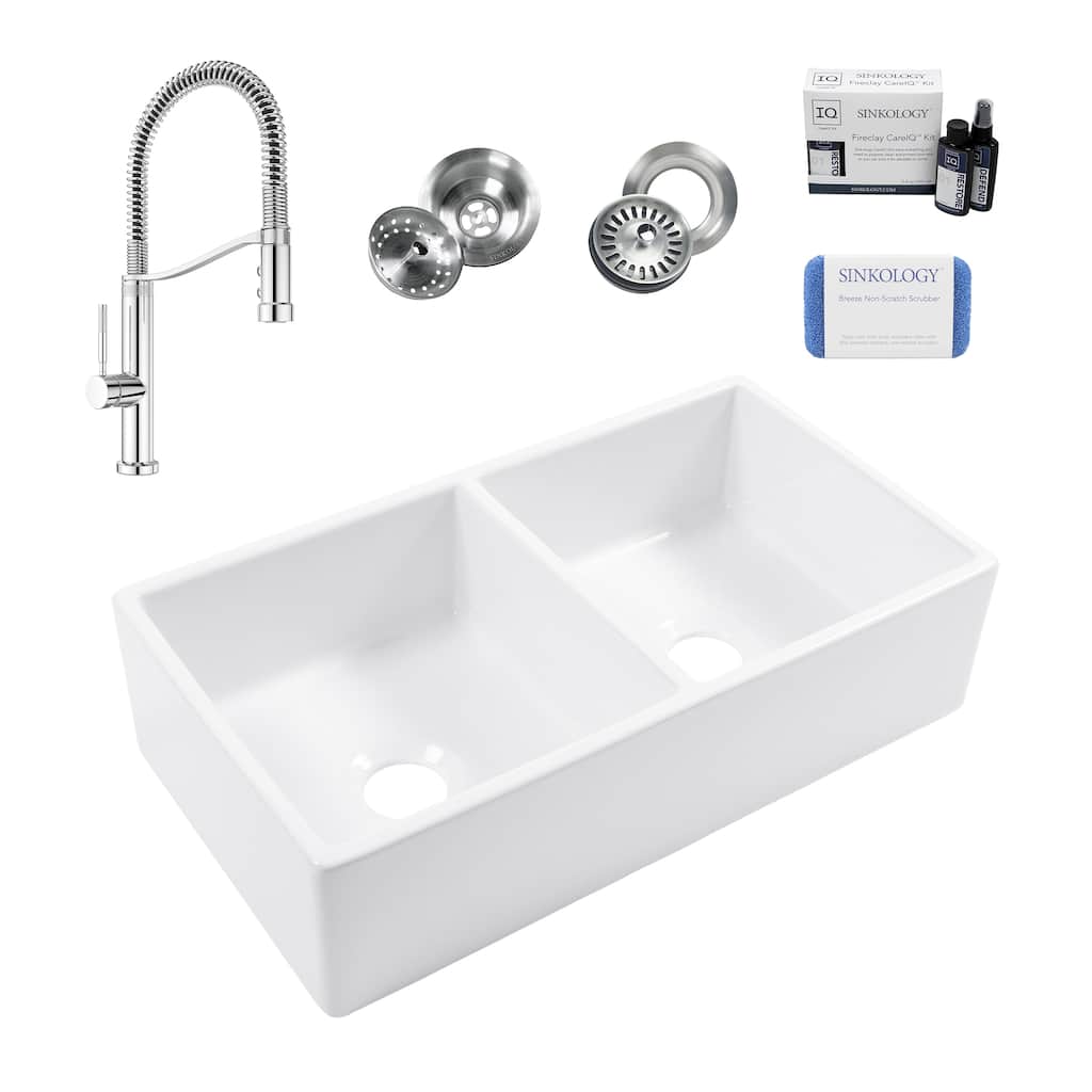 Turner Crisp White Fireclay 33" Double Bowl Farmhouse Apron Front Undermount Kitchen Sink with Bruton Chrome Faucet Kit