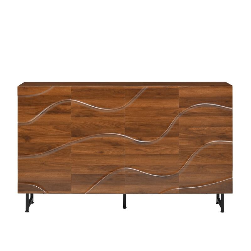 Sideboard with 4 Wave Relief Doors, Multifunctional Solid Wood Storage Cabinet, Accent Cabinet with Shelf & Iron Legs