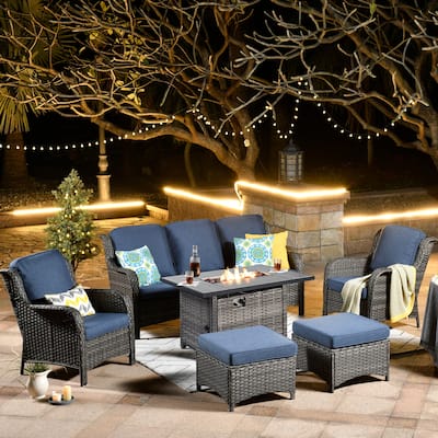 OVIOS Grey Wicker 6-piece Patio Furniture Set With Rectangular Fire Pit