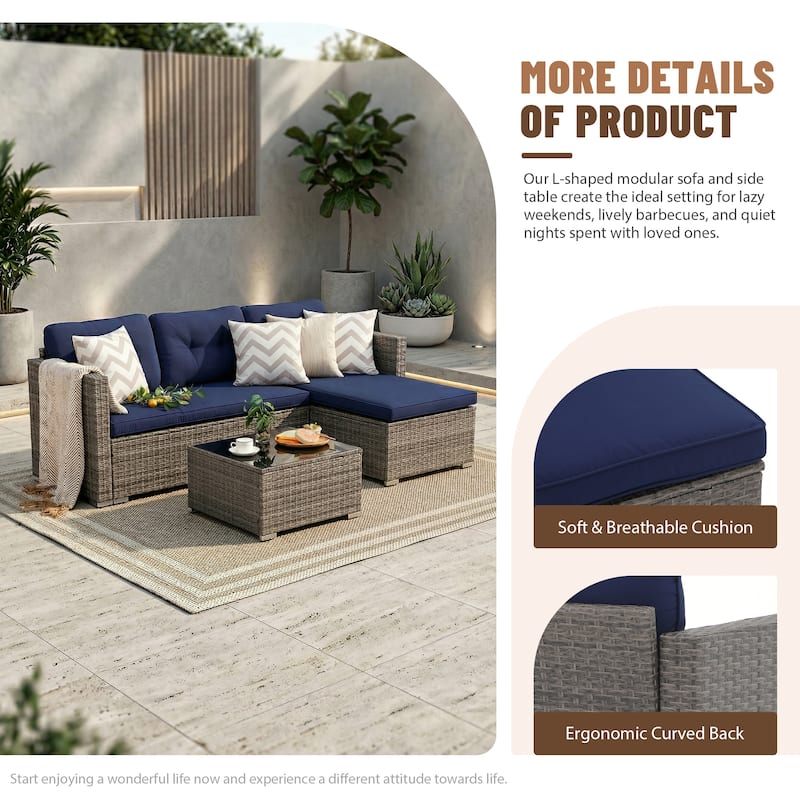 L-Shaped Outdoor Sectional Sofa, PE Wicker Patio Sofa Set with Table and Cushions