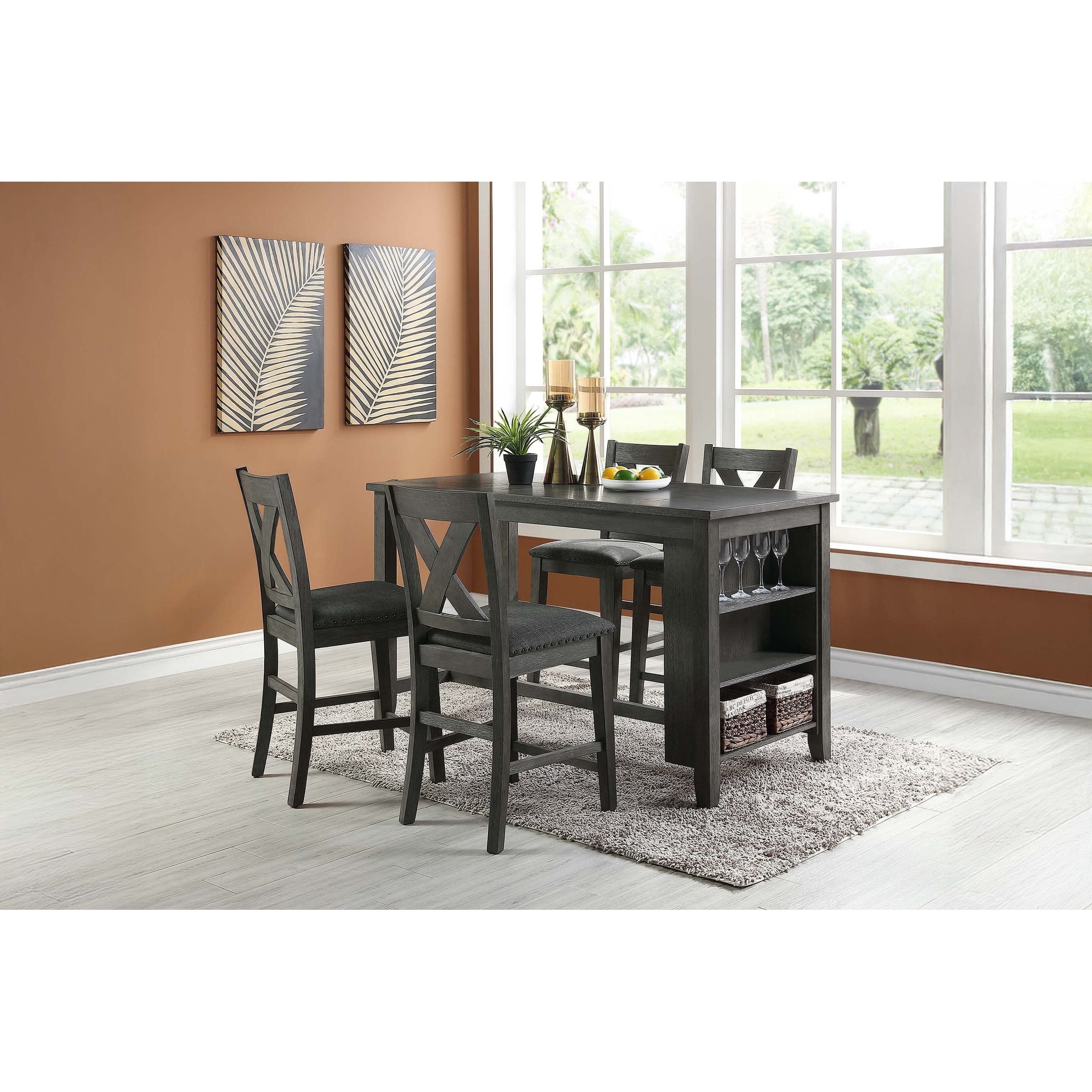 5pc Counter Height Dining Table Set Gray Finish Nailhead Trim