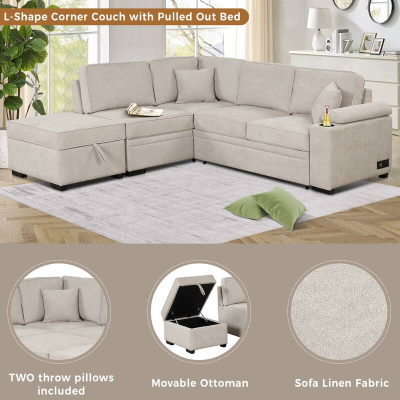 Beige 84.75" L-Shaped 5-Seat Sleeper Sofa with Storage