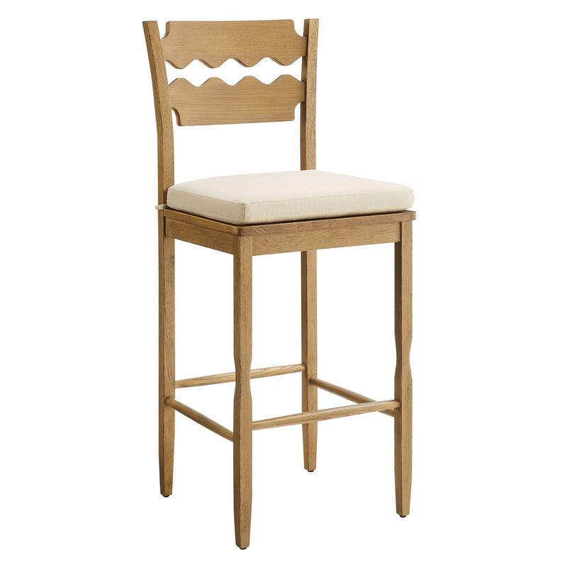 Jax Oak Wood Bar Stool With Wavy Razor Back and Cushion