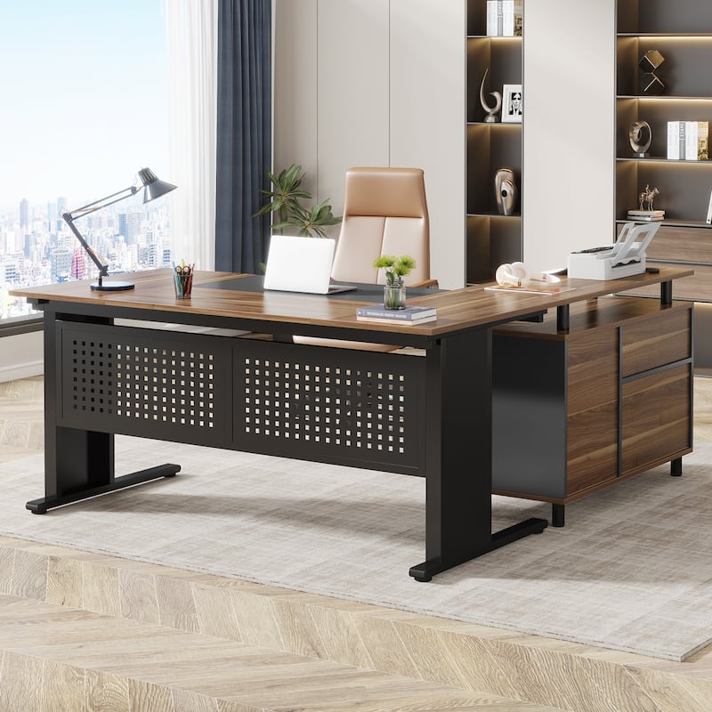 63-Inch L Shaped Executive Desk with File Cabinet, Large Computer Desk with Drawer and Shelves for Home Office - Brown/Black