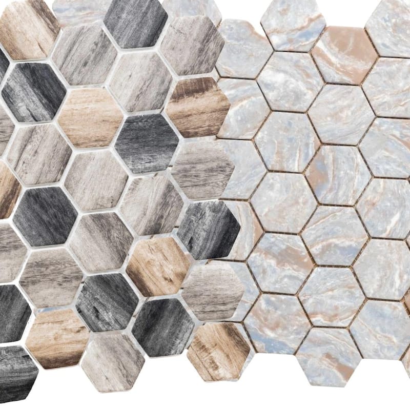 Recycled 1.88x1.88 Greige Wood Look Glass Hexagon Mosaic Tile - Wall & Backsplash