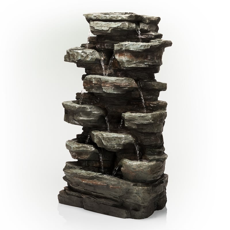 Alpine Corporation WIN930 Outdoor Floor Multi-Tiered Cascading Rock Garden Water Fountain with LED Lights, 39", Green