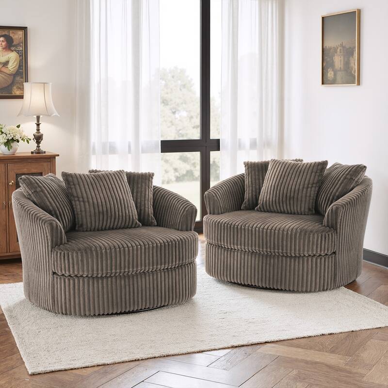 2 Set Oversized 43" W Plush Corduroy Swivel Barrel Chair with Pillows