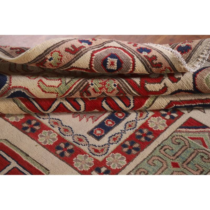 Hand Knotted Oriental 100% Wool Carpet Traditional Geometric Beige & Ivories Kazak Area Rug - 9' 7'' X 6' 7''