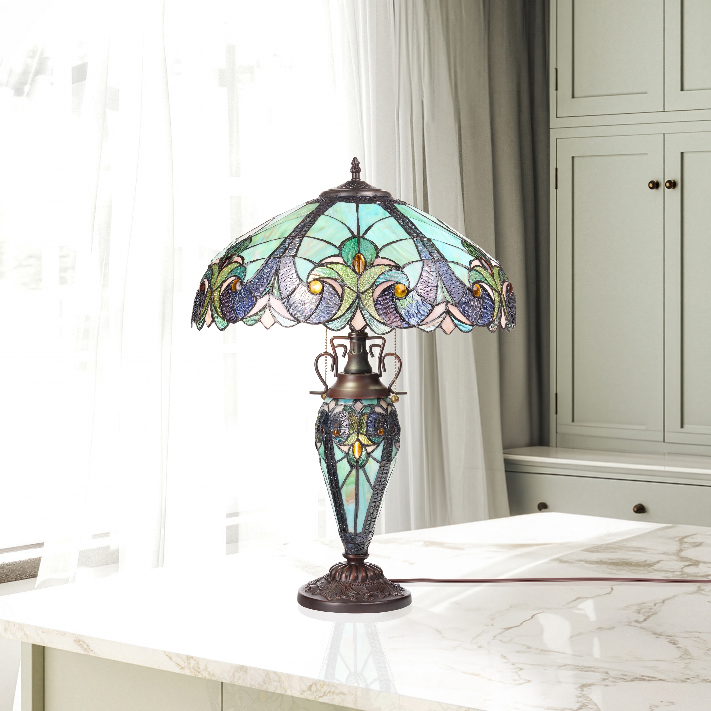 River of Goods Halston Double Lit Tiffany-Style Stained Glass 24.5-Inch Table Lamp - 18" X 18" X 24.5"
