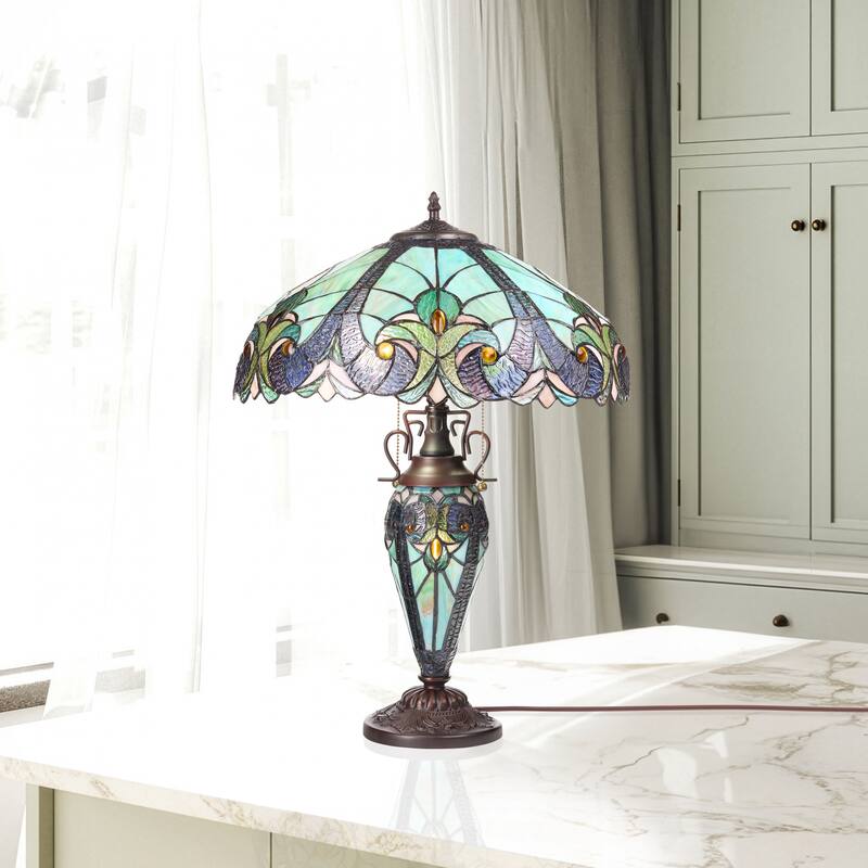 Halston River of Goods Double Lit Stained Glass 24.5-Inch Table Lamp - 18" X 18" X 24.5"