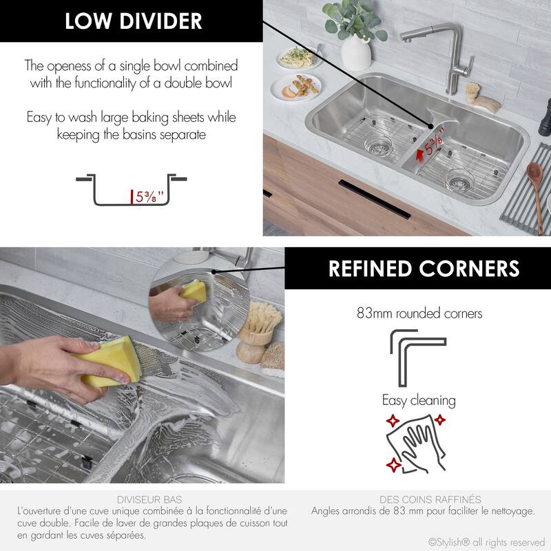STYLISH 32.25 inch Low Divider Double Bowl Undermount and Drop-in Kitchen Sink - 32.25" x 18.9" x 9"