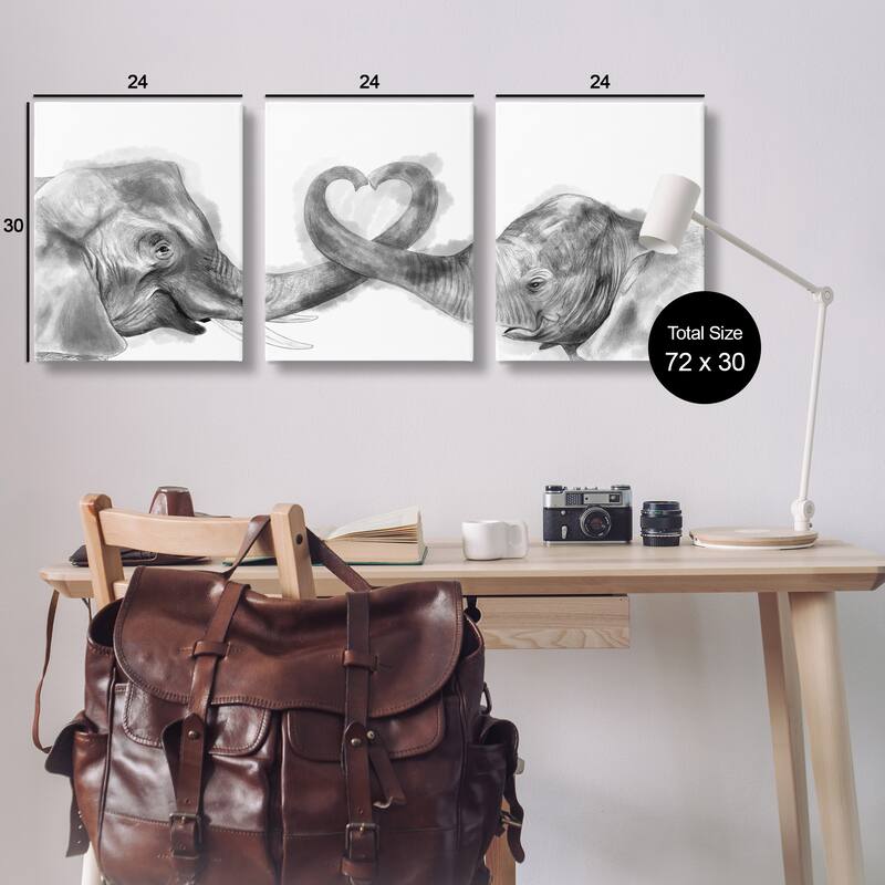 Stupell Elephant Trunk Heart Jungle Animal Illustration, 3pc Multi Piece Canvas Wall Art Set