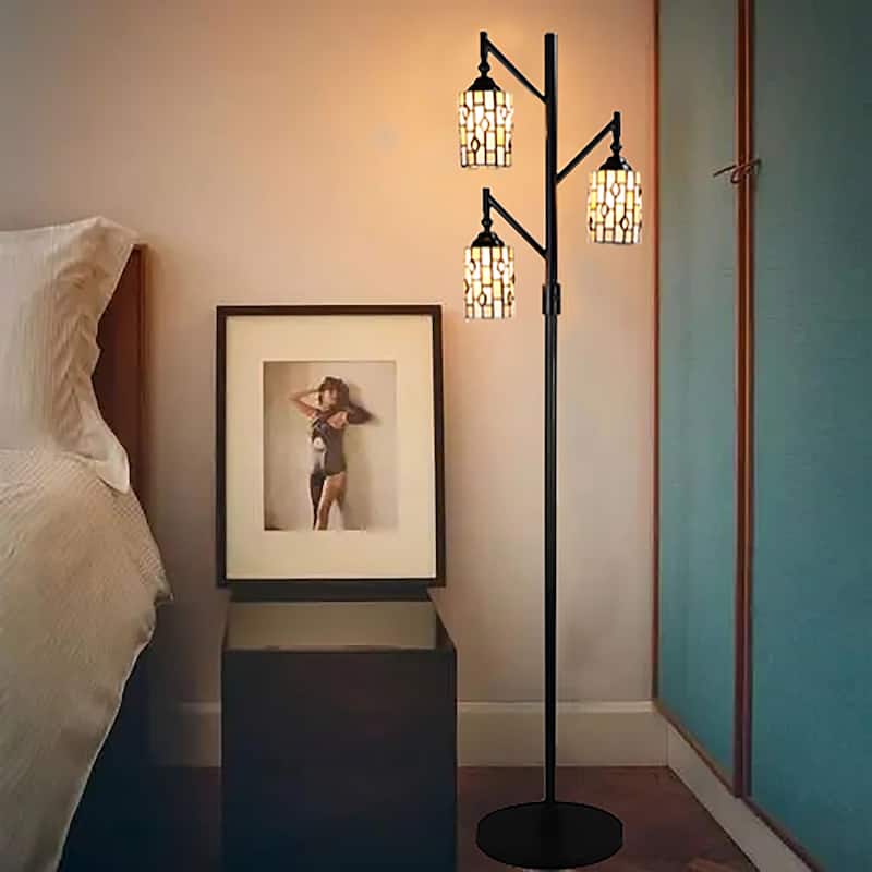 Bonnie Three Lamp Tree Floor Lamp Ivory Tiffany Glass Shades Coffee Gold Metal Base