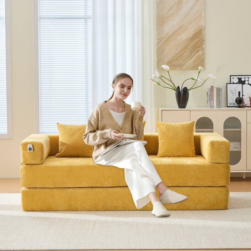 6-in-1 Folding Memory Foam Sleeper Sofa Bed Chenille Floor Chaise Lounge Couch with Side Pocket, Removable & Washable Cover - Yellow